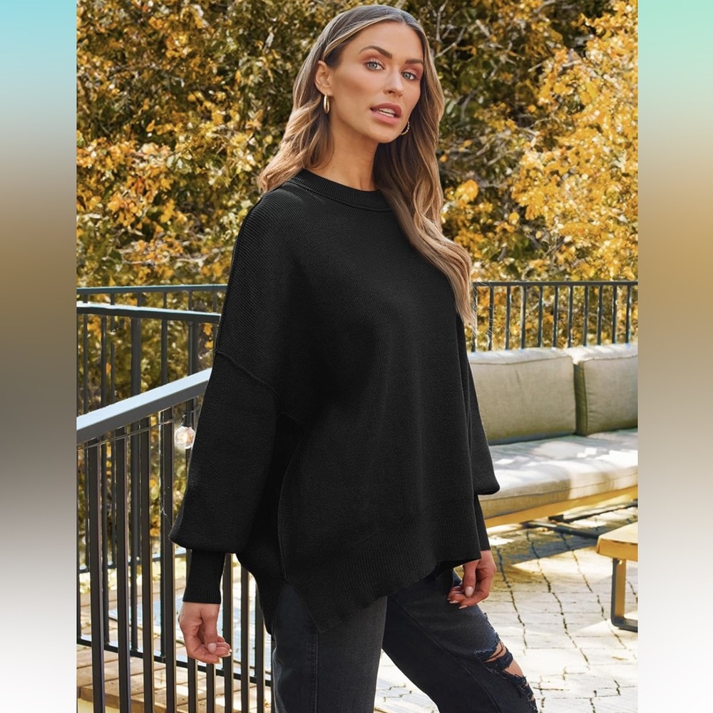 Women's Oversized Batwing Sweater Black 3X Crewneck Knit Side Slit Pullover Top - Picture 5 of 16